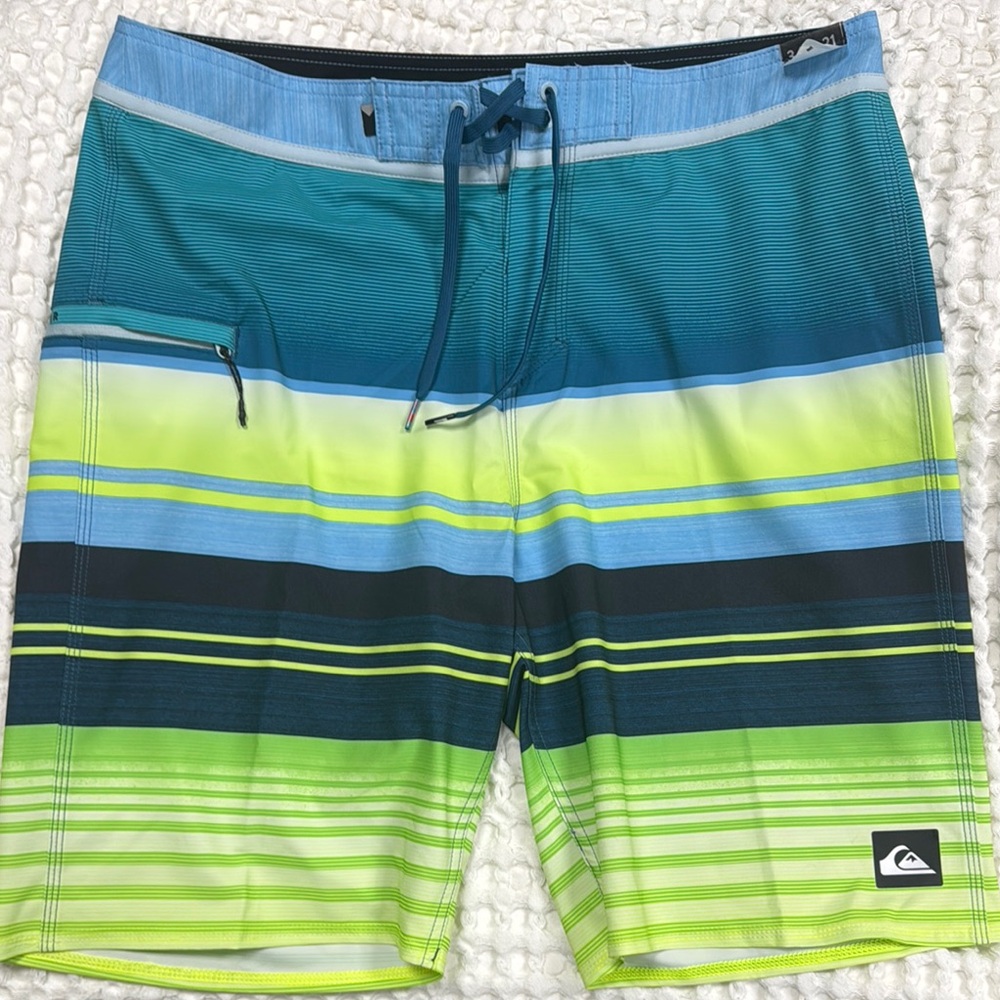 Quiksilver Blue and Green Board Shorts with Bold Stripes